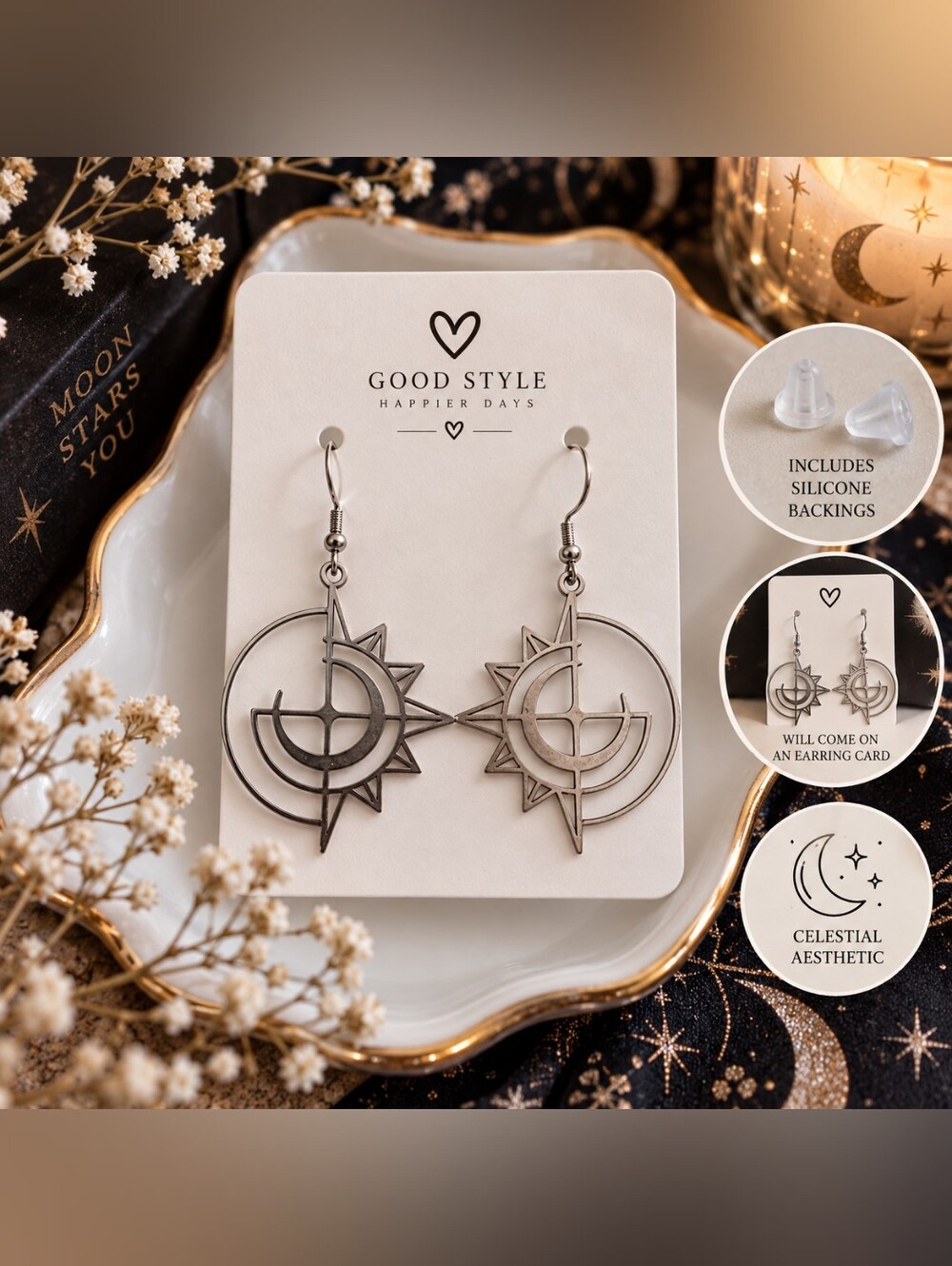 Silver Tone Metal Celestial Sun Moon Compass Dangle Drop Earrings New